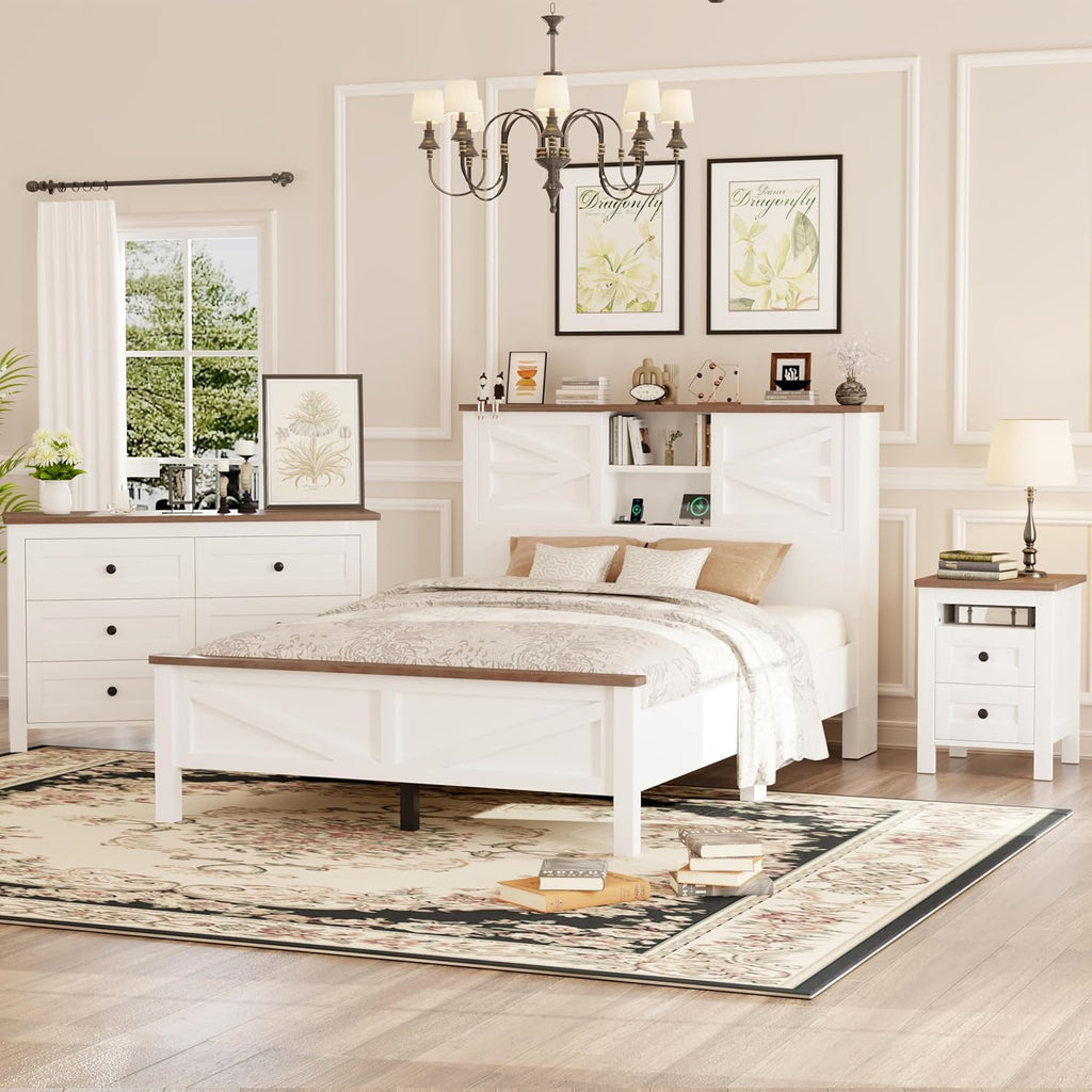 LUMISOL 3-Piece Full Size Bedroom Set, Rustic Wooden Platform Bed with Storage Headboard & Charging Stations, a Nightstand and Dresser, Full Size Farmhouse Bedroom Furniture Set, White