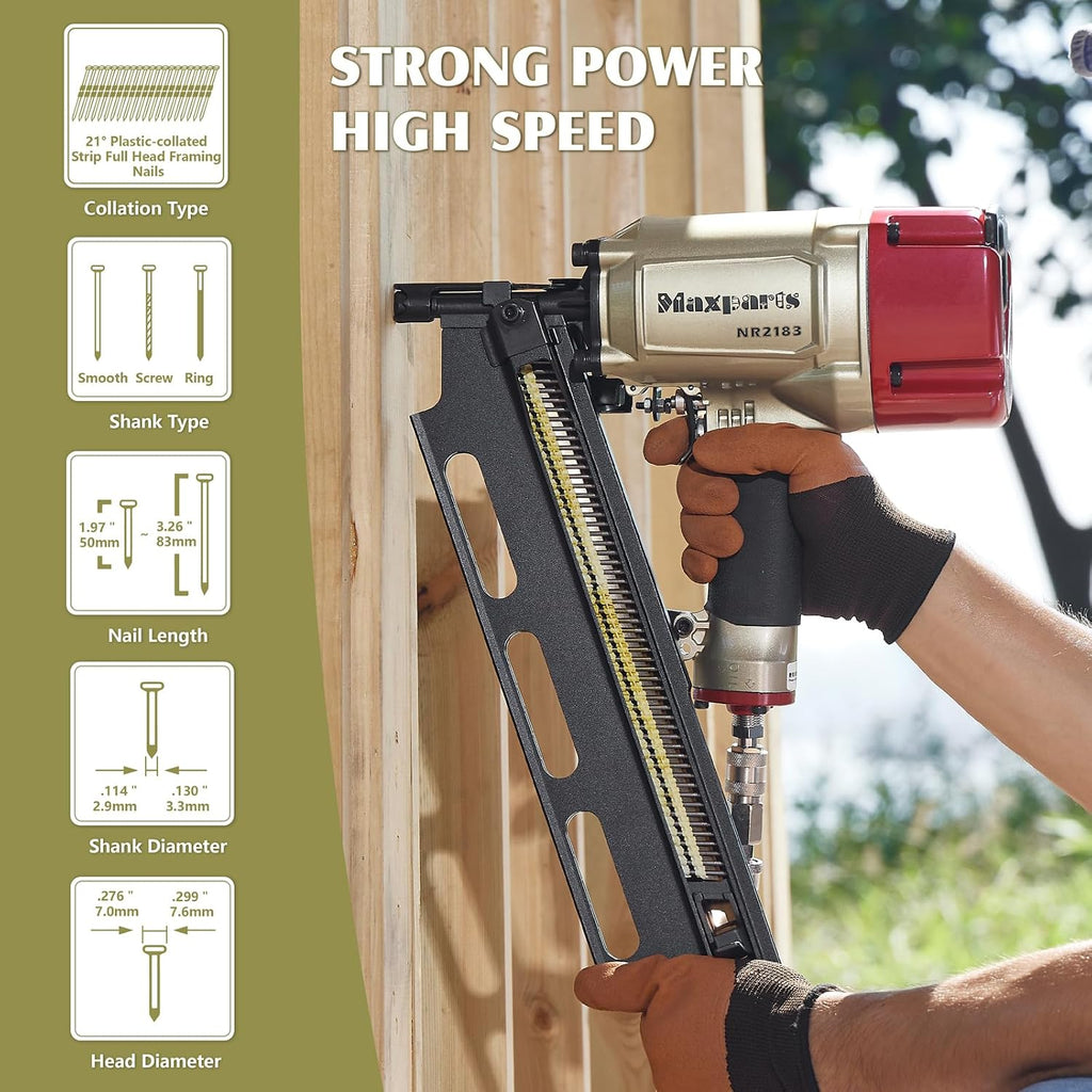 Maxparts Framing Nail Gun NR2183 21 Degree Plastic Strip Framing Nailer with Aluminum Magazine Quick Shooting Pneumatic Tools for Wood Constructions