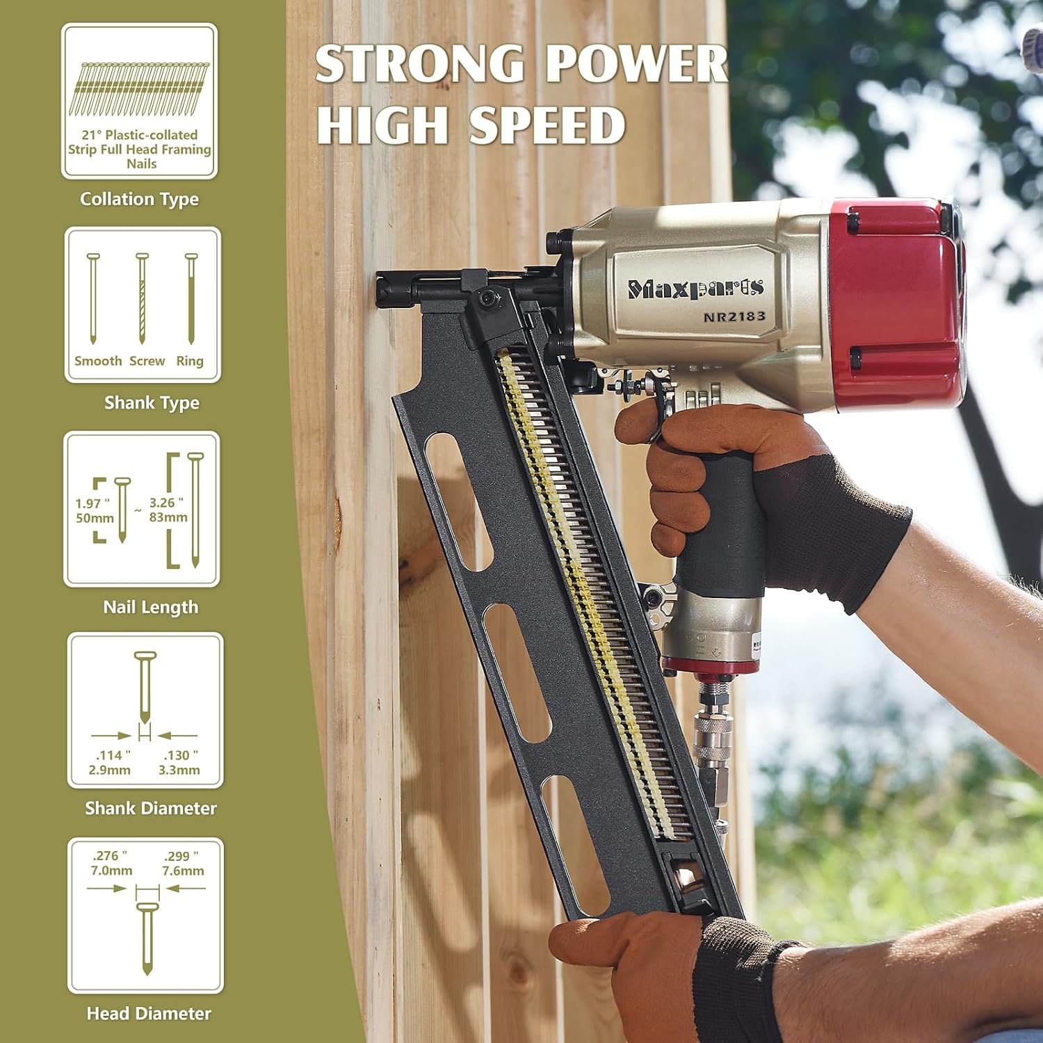 Maxparts Framing Nail Gun NR2183 21 Degree Plastic Strip Framing Nailer with Aluminum Magazine Quick Shooting Pneumatic Tools for Wood Constructions