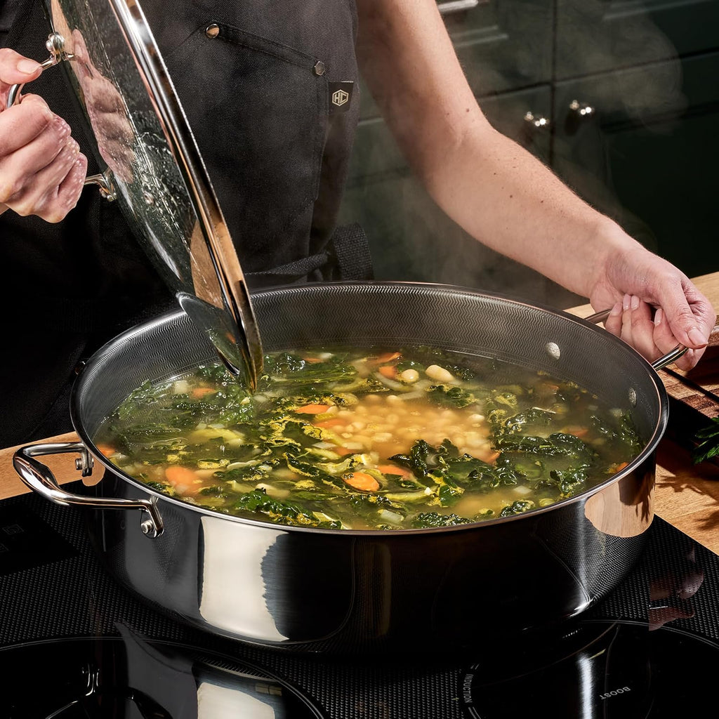 HexClad Hybrid Nonstick 10-Quart Deep Sauté Pan with Tempered Glass Lid, Stay-Cool Handle, Dishwasher-Friendly, Oven-Safe Up to 900°F, Induction Ready, Compatible with All Cooktops