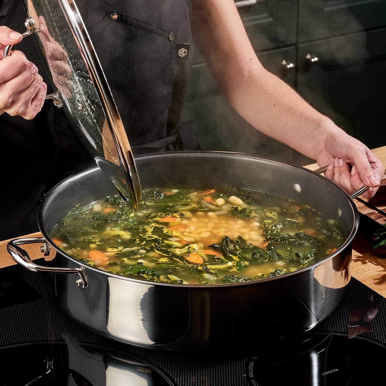 HexClad Hybrid Nonstick 10-Quart Deep Sauté Pan with Tempered Glass Lid, Stay-Cool Handle, Dishwasher-Friendly, Oven-Safe Up to 900°F, Induction Ready, Compatible with All Cooktops
