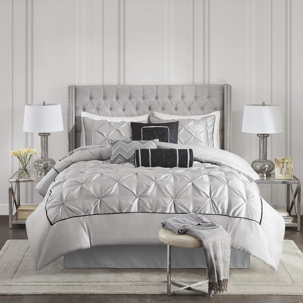 Madison Park Laurel Cozy Comforter Set - Traditional Tufted Faux Silk Design, All Season Down Alternative Bedding with Matching Shams, Decorative Pillow, Grey Cal King(104'x92') 7 Piece