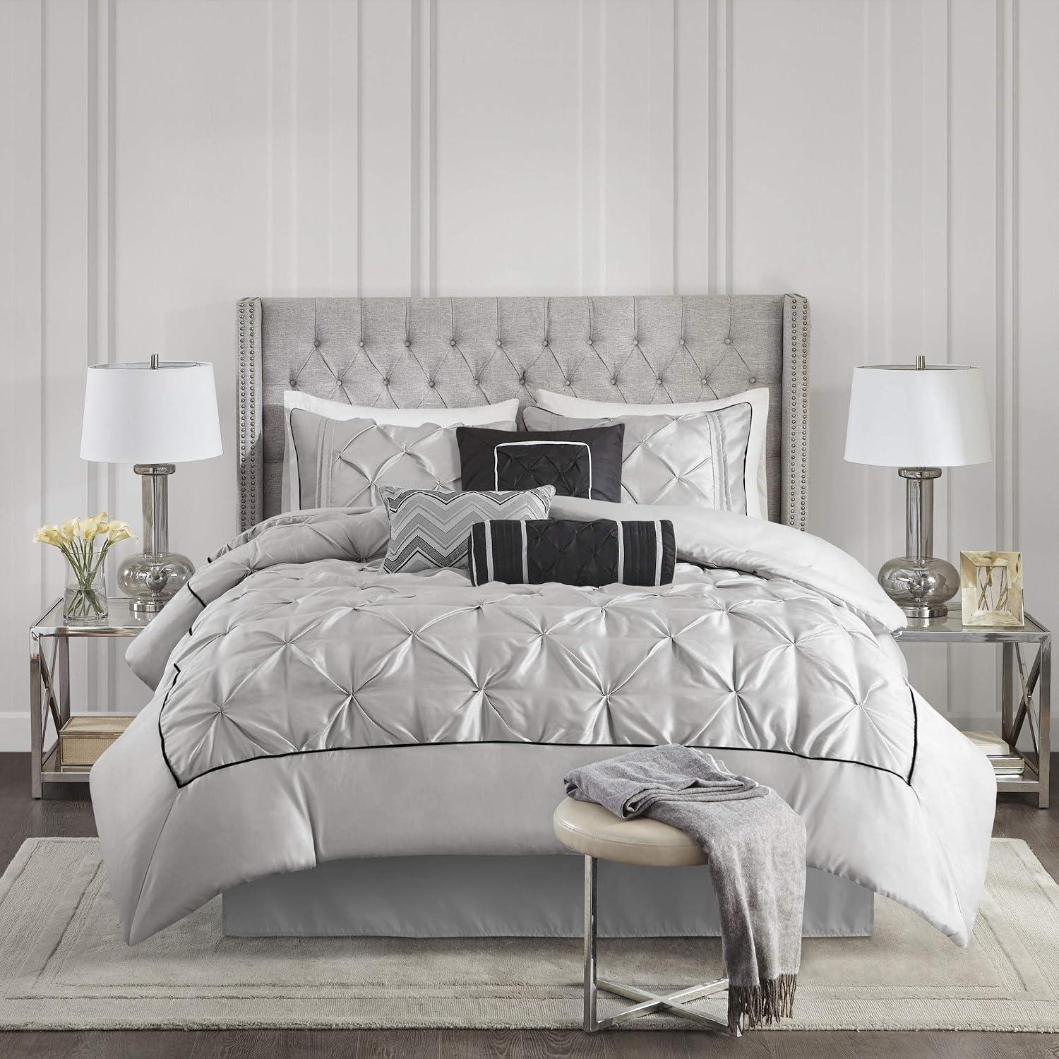 Madison Park Laurel Cozy Comforter Set - Traditional Tufted Faux Silk Design, All Season Down Alternative Bedding with Matching Shams, Decorative Pillow, Grey Cal King(104'x92') 7 Piece