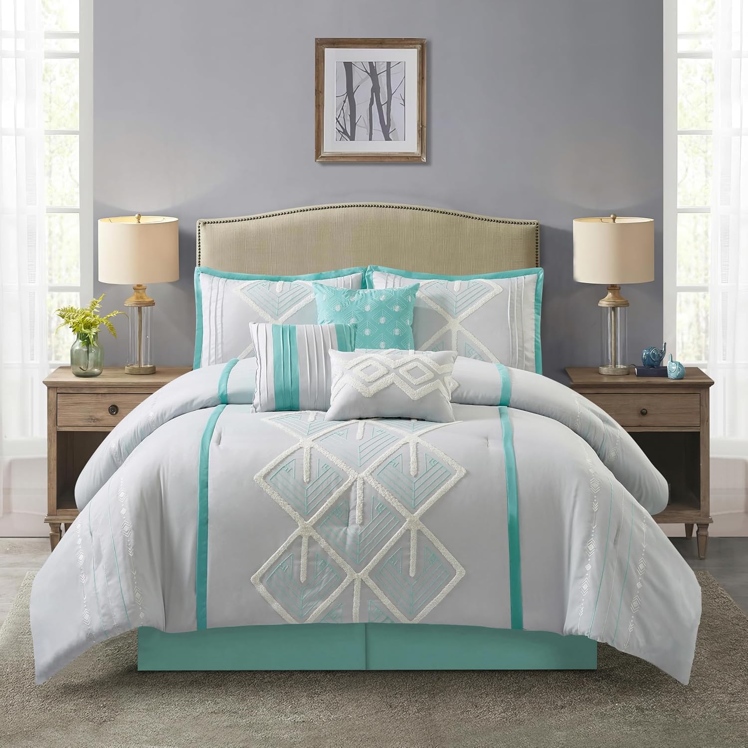 Stratford Park Blue Comforter Set California King Size, 7 Piece, Terry Embroidery Geometric Home Decor, Matcking Bed Skirt, Pillows & Shams, All Season Bedding Set