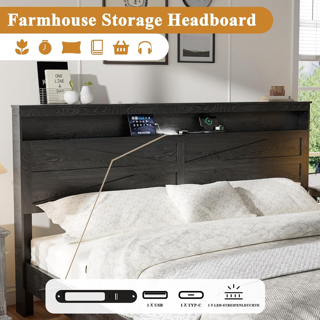 Farmhouse Wooden Bed Frame King Size with Storage Headboard, Boho Platform Bedframe with LED Lights and Charging Station, Metal Slats Support, No Box Spring Needed, Rustic Black