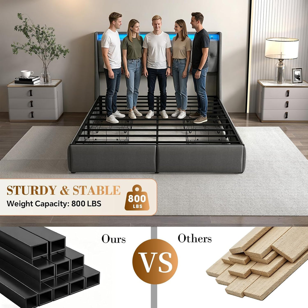 Queen Size Bed Frame with 4 Storage Drawers and LED Lights, Queen Bed Frame with Upholstered Headboard and Charging Station, Steel Slat Support, No Box Spring Needed, Noise-Free, Easy Assembly, Gray