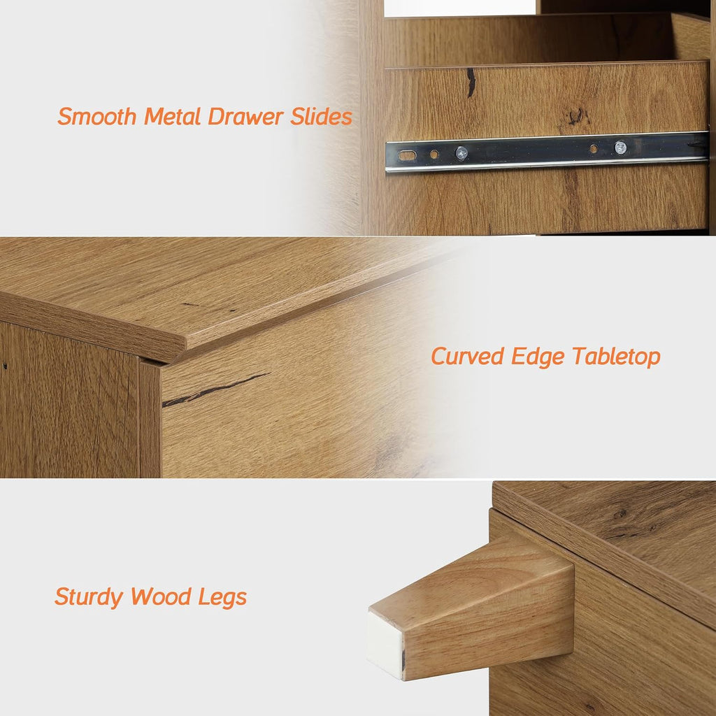 WAMPAT Dresser and Nightstands Set of 3, 47.2 Inches Wood Dresser with 6 Drawers, 2 Pieces Nightstands with Drawers and Charging Stations, Bedroom Furniture Set, Oak Brown