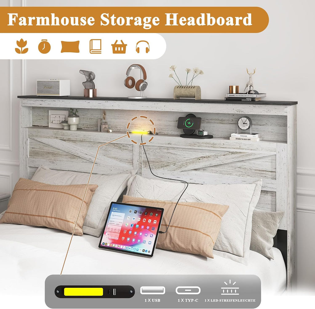 Farmhouse Wooden Bed Frame Full Size with Storage Headboard, Boho Platform Bedframe with LED Lights and Charging Station, Metal Slats Support, No Box Spring Needed, White
