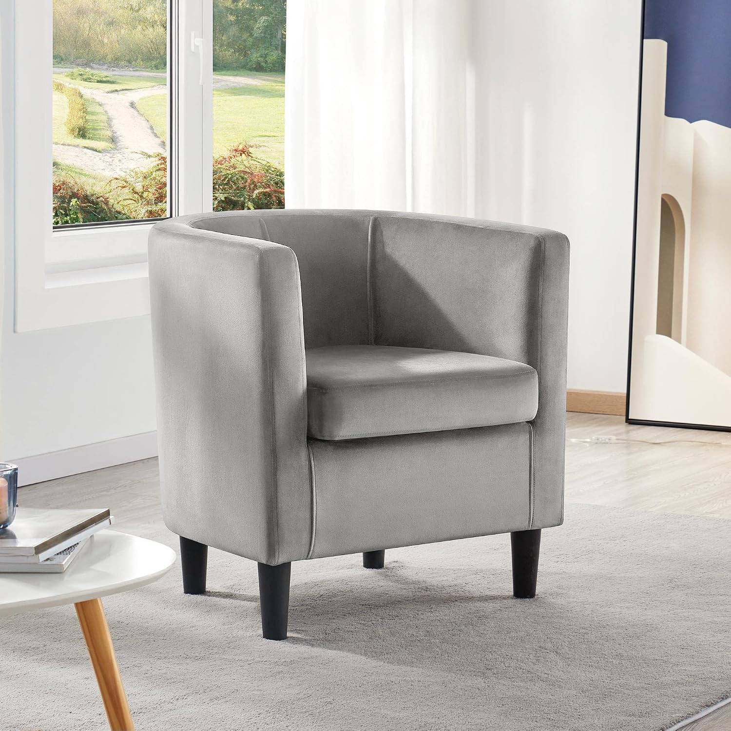 Yaheetech Accent Chair, Modern Velvet Armchairs with Big Ample Seat, Half Rounded Back, Cozy Upholstered Barrel Sofa Chair for Living Room Bedroom Waiting Room, Gray