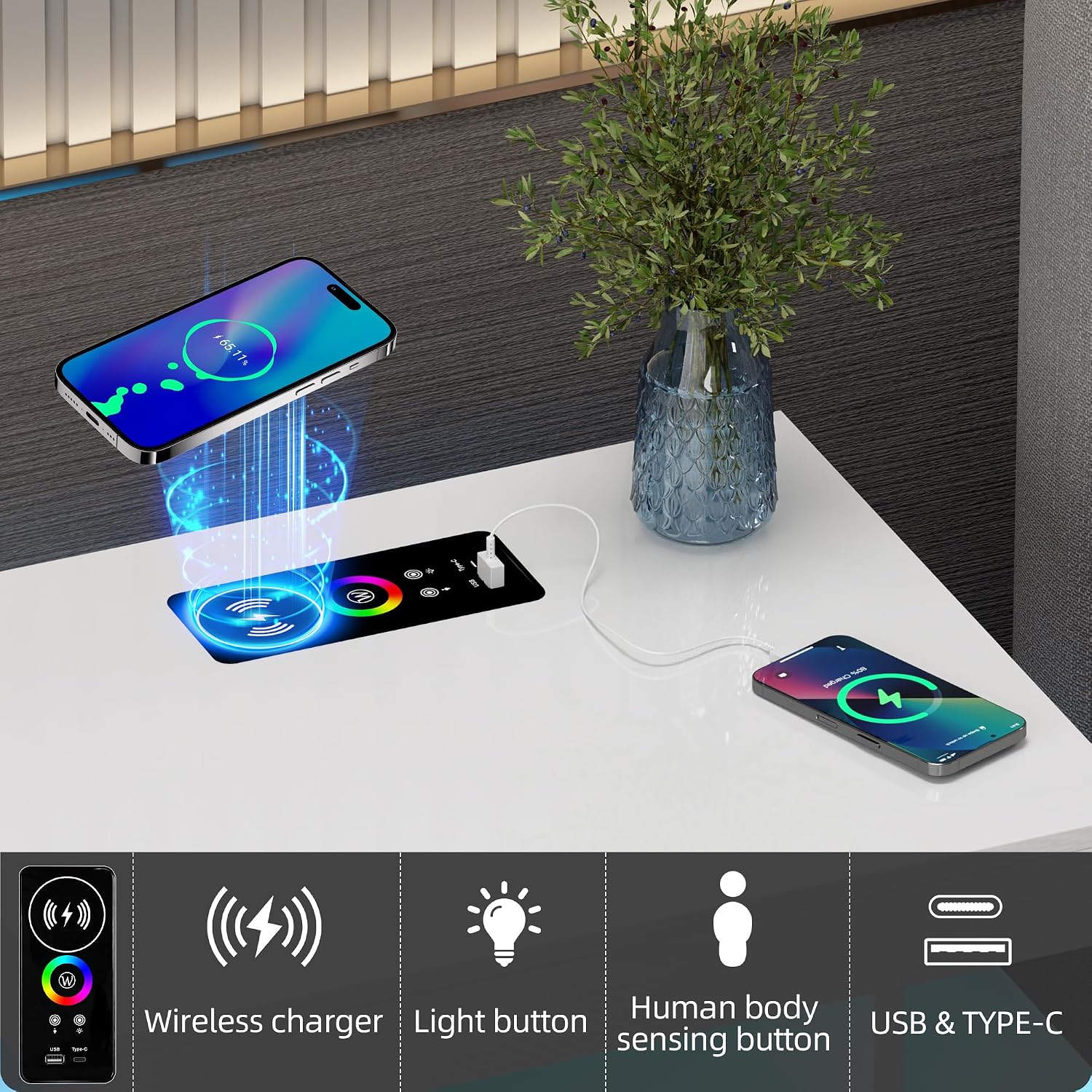 Lvifur Nightstand with Wireless Charging Station - Modern Night Stand with RGB Lights, Glossy Bedside Table with Drawers for Bedroom, End Table with Human Body Induction (White)