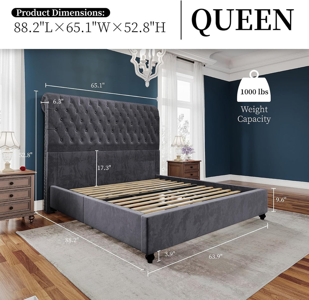 PaPaJet King Bed Frame Upholstered Platform Bed Frame with 53'' Tall Sleigh Headboard, Button Tufted, No Box Spring Needed, Easy Assembly, Gray