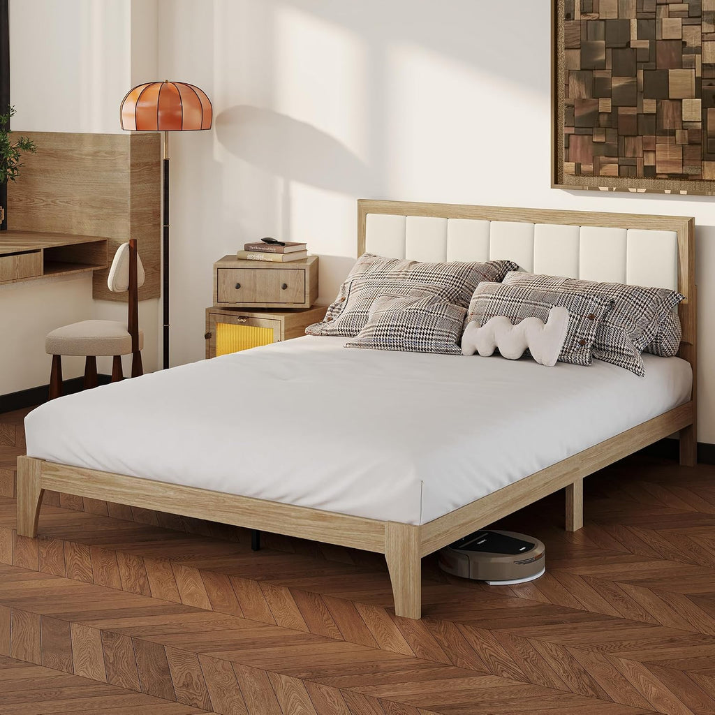 HOMCOM Queen Size Bed Frame with Upholstered Headboard, Platform Bed Frame with Wooden Slats, No Box Spring Needed, Easy Assembly, Natural