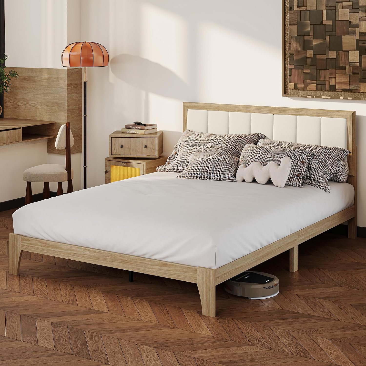 HOMCOM Queen Size Bed Frame with Upholstered Headboard, Platform Bed Frame with Wooden Slats, No Box Spring Needed, Easy Assembly, Natural