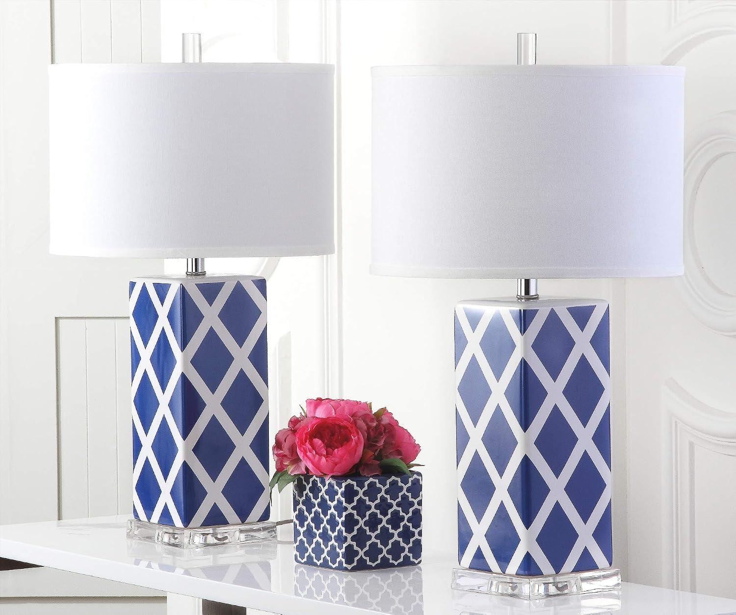 SAFAVIEH Lighting Collection Garden Lattice Trellis Modern Contemporary Navy 27-inch Bedroom Living Room Home Office Desk Nightstand Table Lamp Set of 2 (LED Bulbs Included)