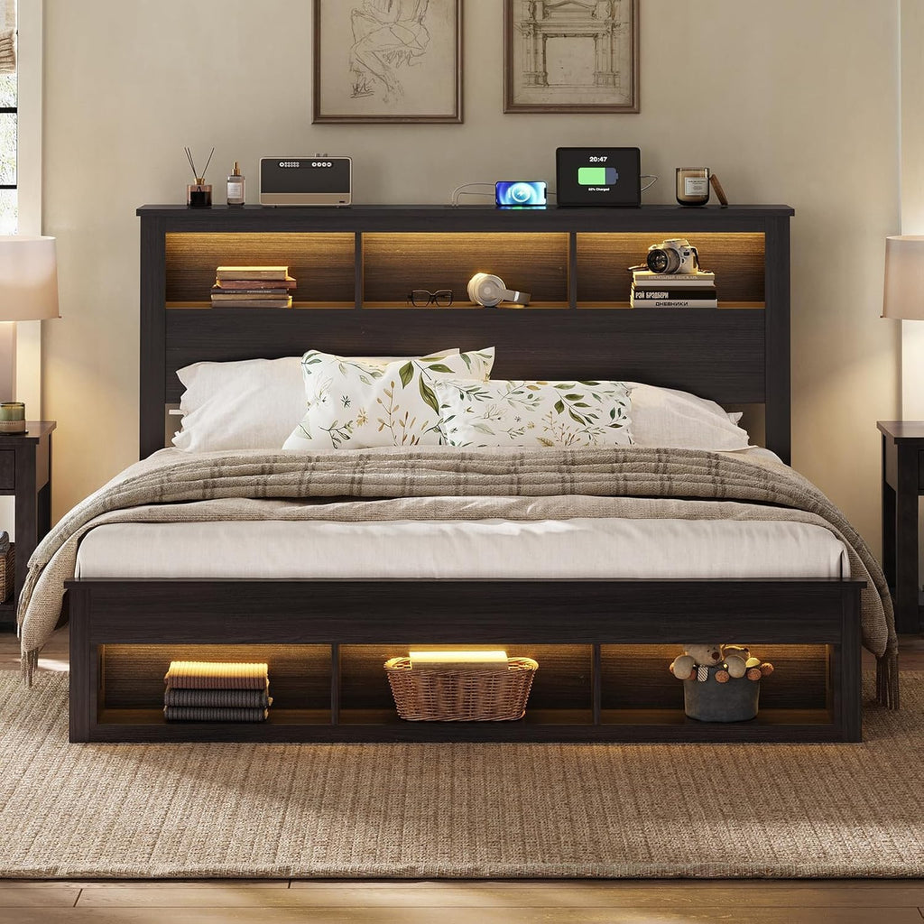 Albott Farmhouse King Size Bed Frame with Storage/Bookcase Headboard & Footboard, Wood Platform Bed with LED Lights/Charging Station, Heavy-Duty Metal Support/No Box Spring Needed/Noise-Free, Black