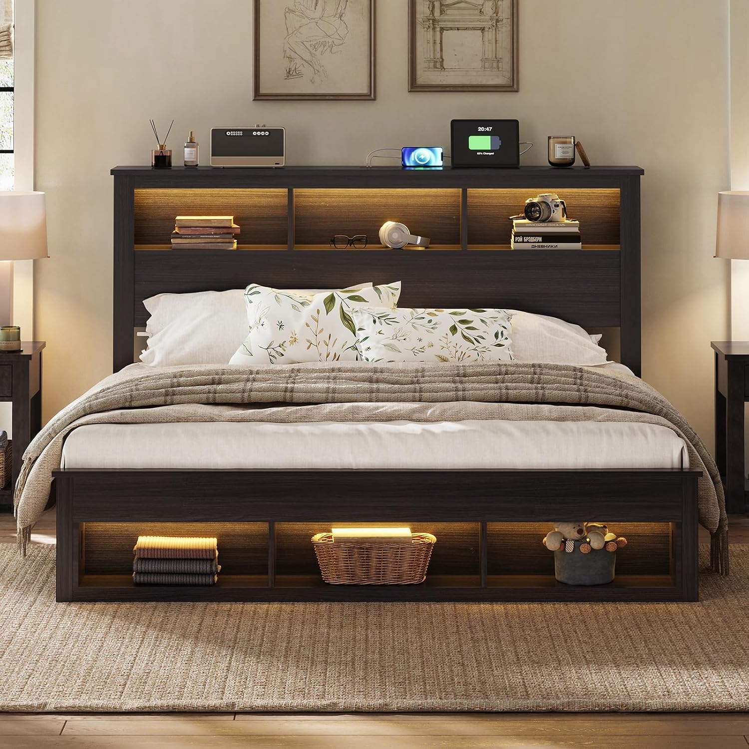 Albott Farmhouse King Size Bed Frame with Storage/Bookcase Headboard & Footboard, Wood Platform Bed with LED Lights/Charging Station, Heavy-Duty Metal Support/No Box Spring Needed/Noise-Free, Black