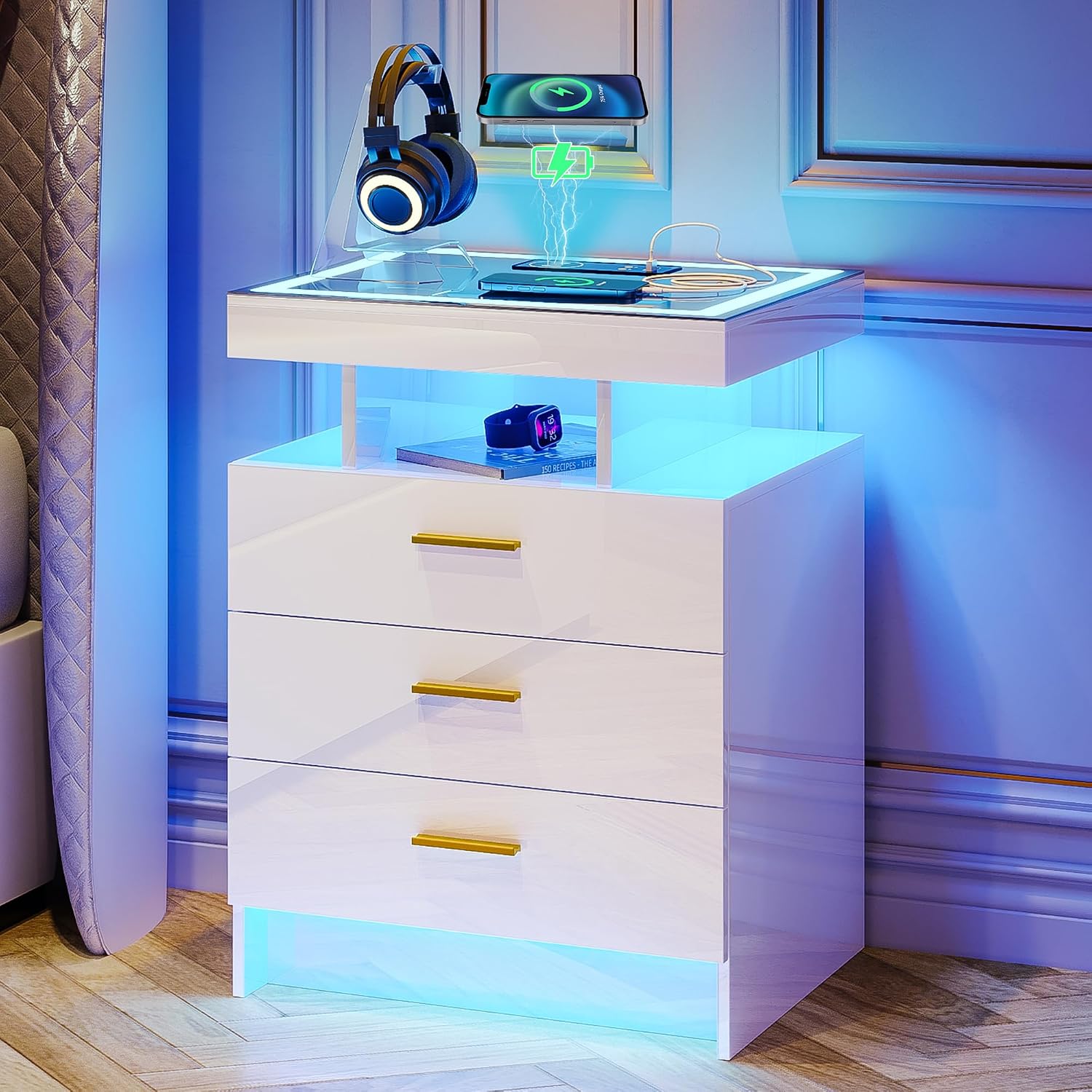 Lvifur LED Nightstand with Wireless Charging Station, Auto Sensor 3 Color Dimmable Night Stand, Modern Bedside Table with 3 Drawers & 3 Open Compartments for Bedroom, White