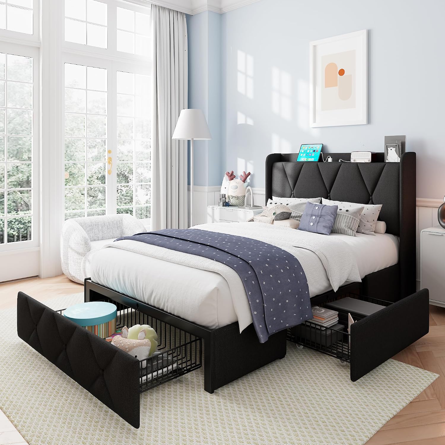 iPormis Twin Bed Frame with 3 Storage Drawers, Upholstered Platform Bed Frame with Charging Station, Modern Wingback Storage Headboard, Easy Assembly, Black
