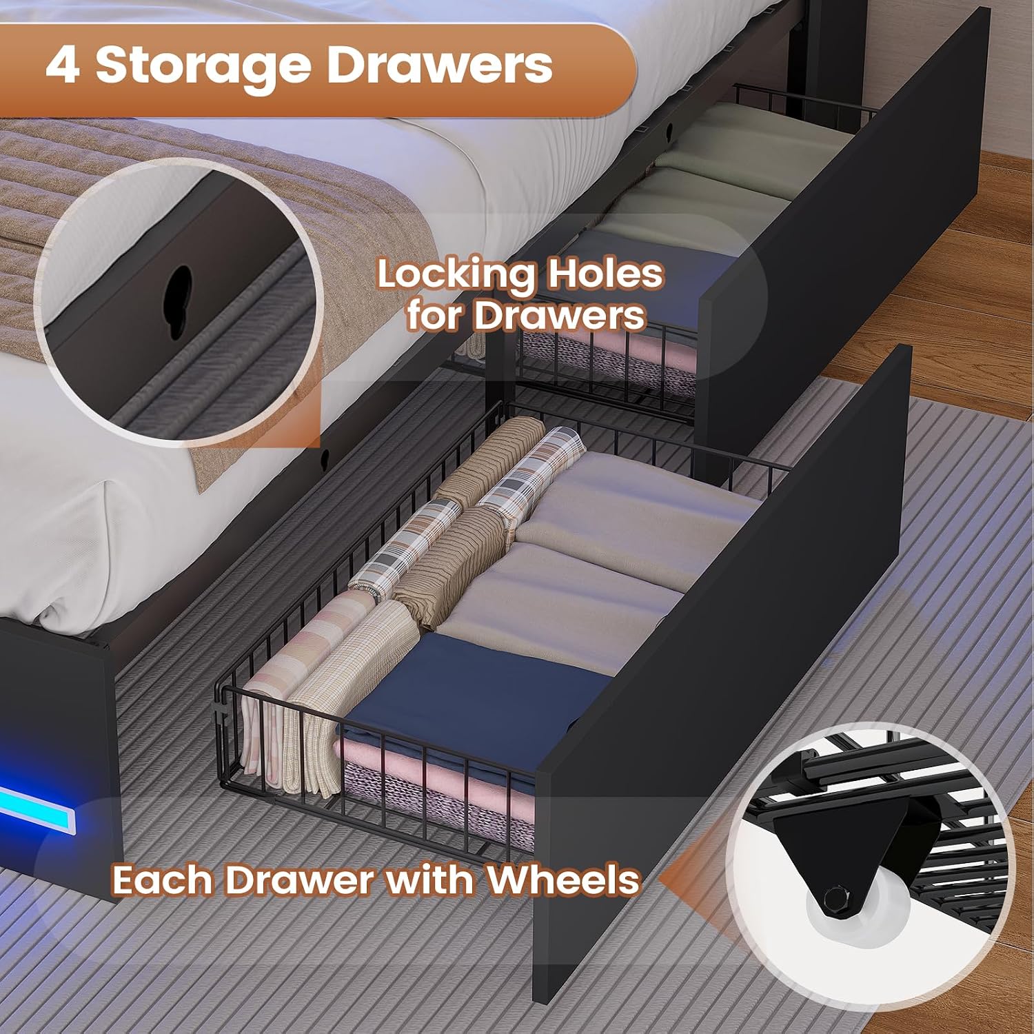 AOGLLATI Twin Bed Frame with 4 Storage Drawers & Charging Station & LED Lights, Twin Bed Frames with Stylish Bookcase Headboard, Led Bed Frame with Metal Slats, No Box Spring Needed,Black