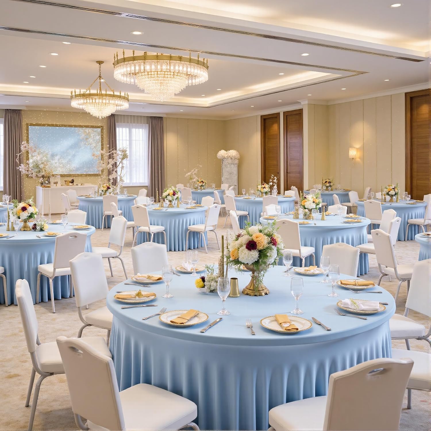 6 pk Blue Round Spandex Tablecloths 60 in with Ruffled Skirt,Wrinkle Free High-Stretch 120 inch Table Cloth Round Fitted 5ft Tables Baby Blue Spandex Table Covers 5ft for Party Wedding Banquet