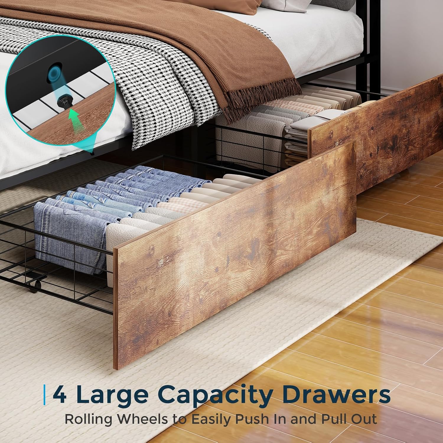 SADENICEL Queen Bed Frame with Storage Headboard and 4 Drawers, Metal Platform Bed Frame with LED Light, Charging Station, No Box Spring Needed, Noise Free, Easy Assembly, Vintage Brown