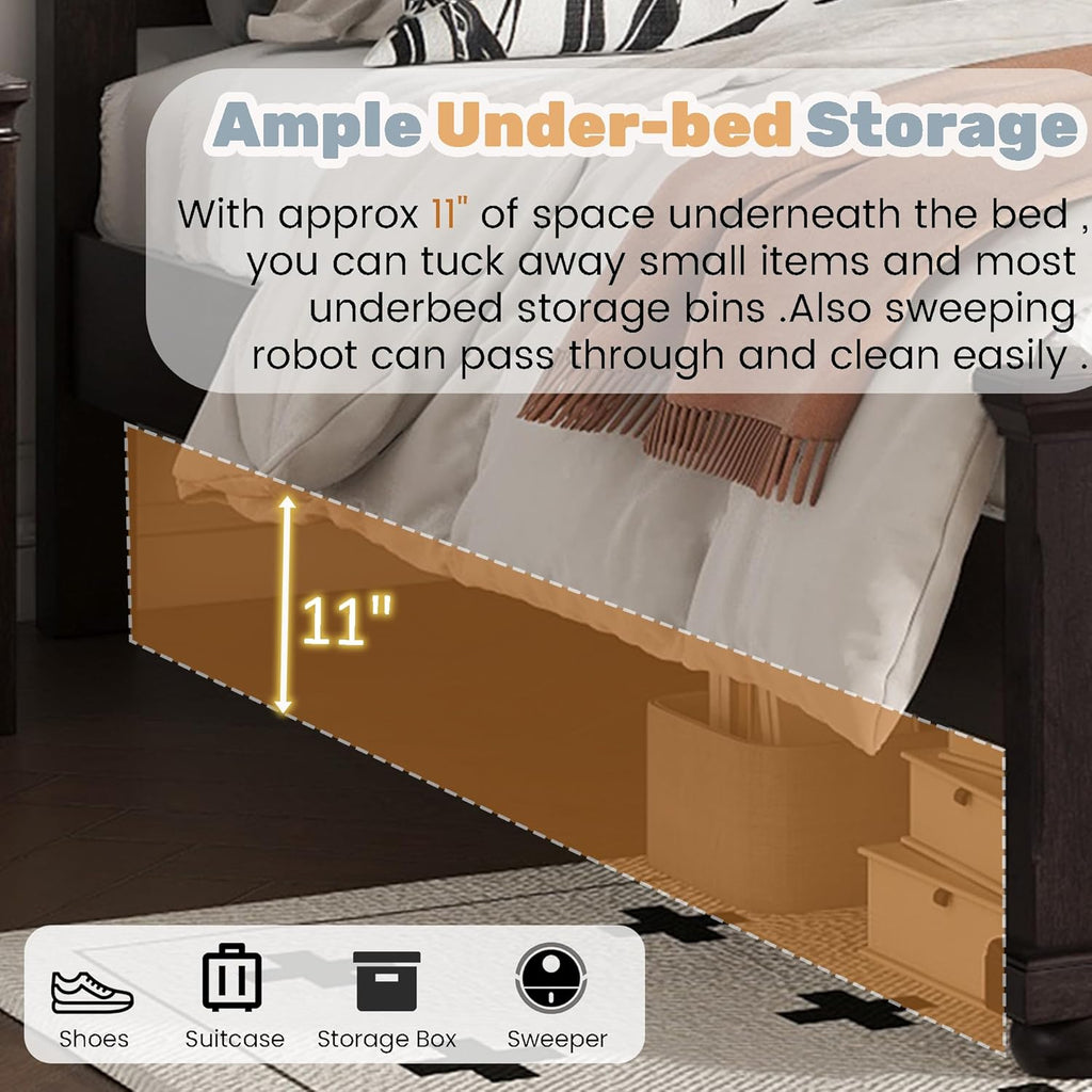 Wood Bed Frame King with Tall Headboard & Footboard, Traditional King Panel Bed with USB Charging Station for Bedroom, Guest Room, Easy Assembly, No Box Spring Required,Brown