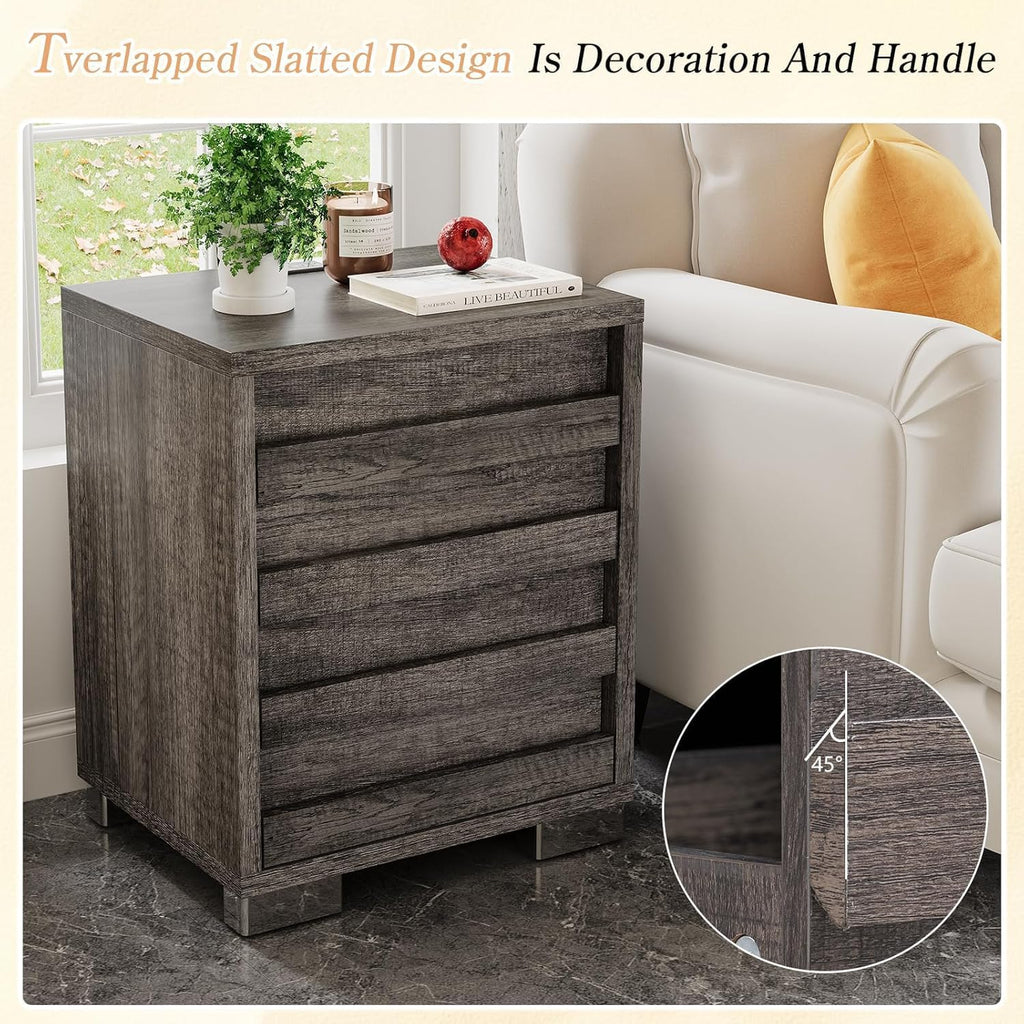 LUXOAK 3 Pcs Bedroom Furniture Sets,Includes Farmhouse Full Size Bed Frame with 49' Tall Headboard and Nightstand Sets of 2 with Charging Station, Slated Handles & Stainless Steel Feet, Rustic Grey