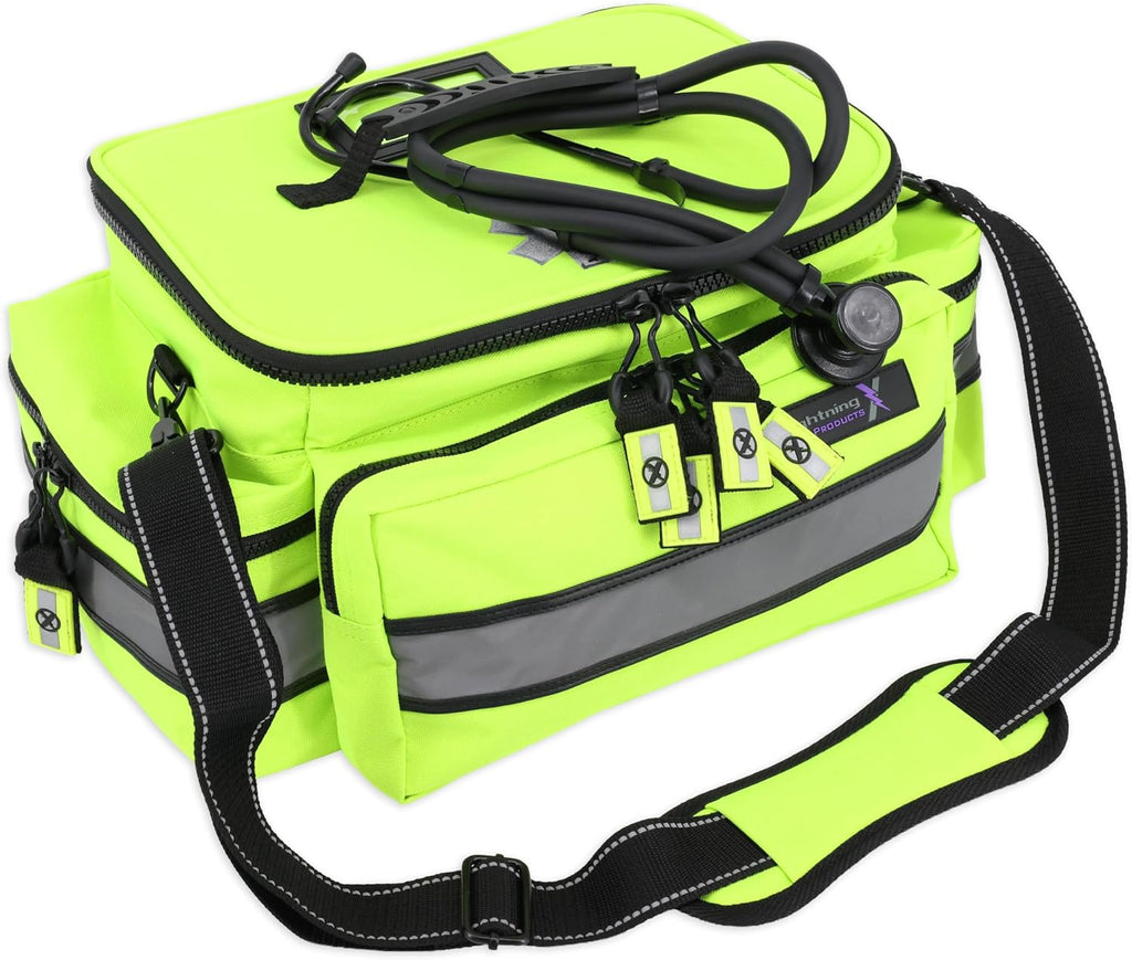 Lightning X Mid-Sized First Responder EMT Bag | LXMB25 | Fully Stocked w/ 248+ First Aid Supplies + Trauma Pak w/C.A.T. Tourniquet & QuikClot - Fluorescent Yellow