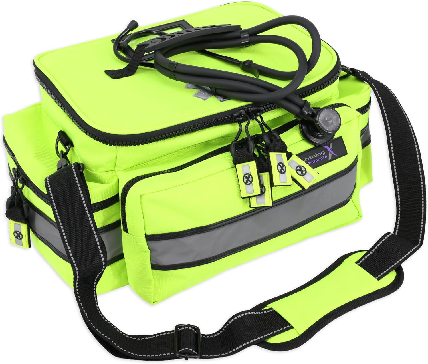 Lightning X Mid-Sized First Responder EMT Bag | LXMB25 | Fully Stocked w/ 248+ First Aid Supplies + Trauma Pak w/C.A.T. Tourniquet & QuikClot - Fluorescent Yellow