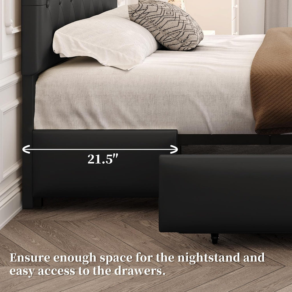 Yaheetech Queen Bed Frame Upholstered Bed Frame with Adjustable Diamond Button-Tufted Headboard/3 Drawers Storage, Queen Platform Bed/Strong Wooden Slats, Black Queen Bed