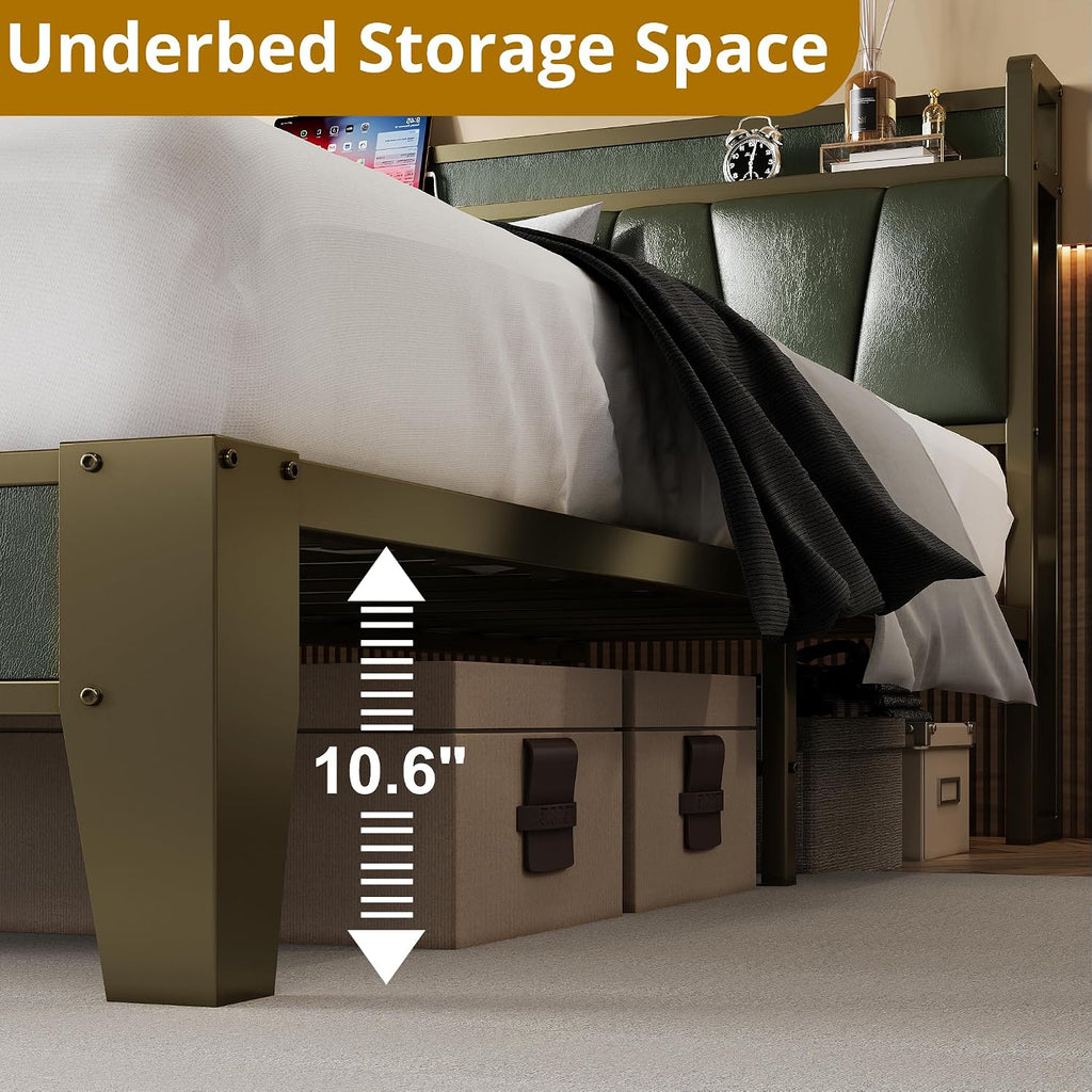 LIKIMIO Full Bed Frame, Storage Headboard with Charging Station, Solid and Stable, Noise Free, No Box Spring Needed, Easy Assembly (Dark Green)