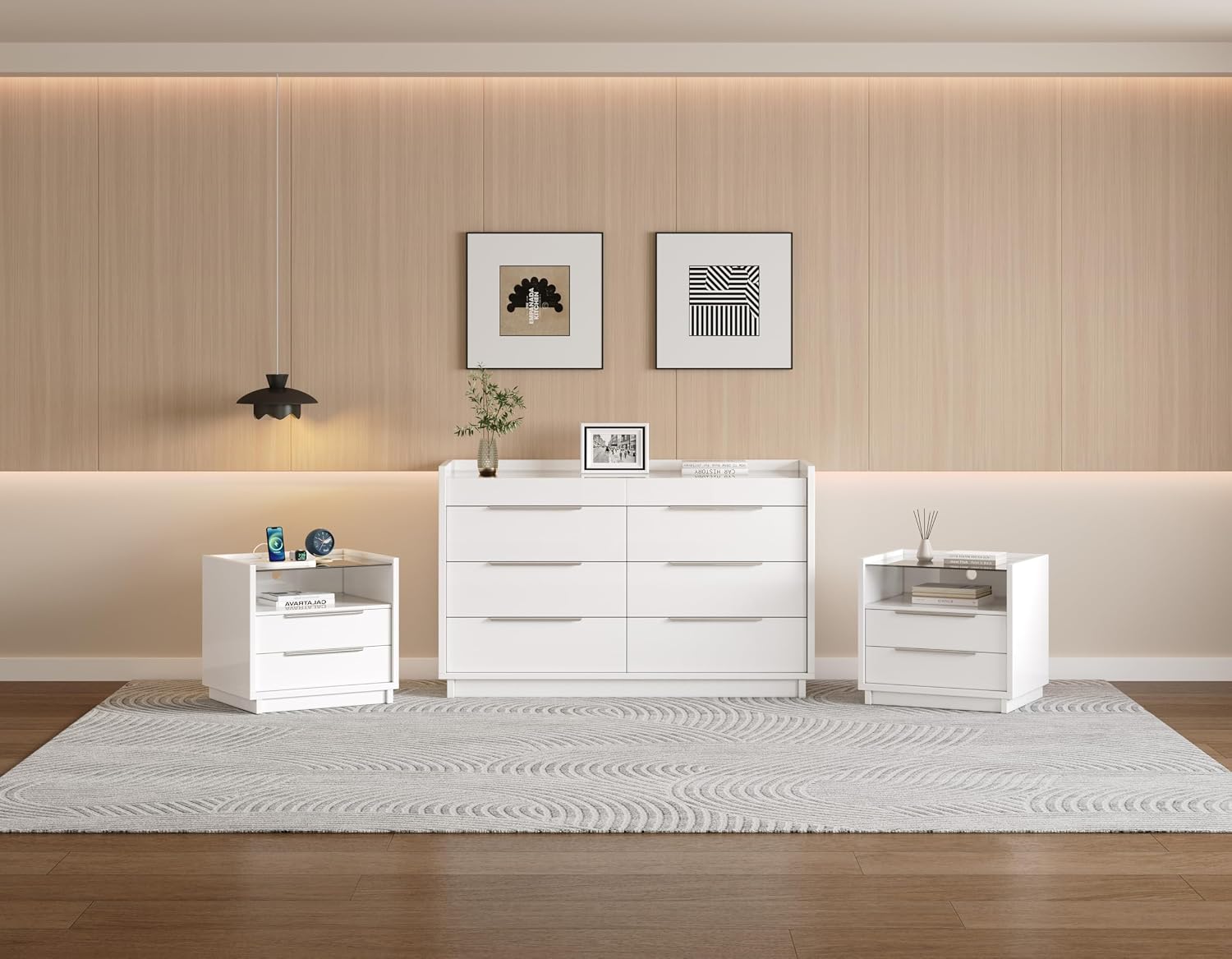 AMERLIFE High Gloss Dresser Set, 3 Piece Bedroom Furniture Set, 8 Drawer Dresser with LED Light & 2 Nightstands with Charging Station, Modern UV Finish, Bedroom Storage Organizer, White