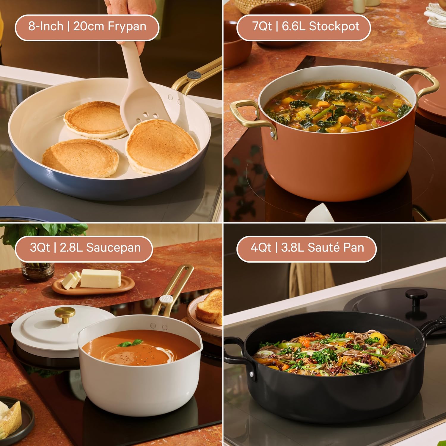 Our Place 11-Piece Essentials Complete Cookware Set - Ceramic Fry Pan, Saucepan, Sauté Pan, Stock Pot, Strainer Basket & Rack Storage | Thermakind™ Nonstick, Oven Safe up to 450°F | Blue Salt