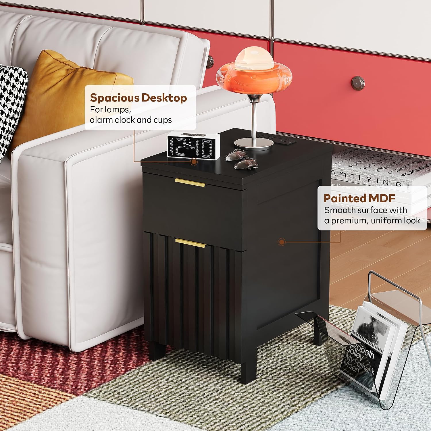 LAZZO 3 Piece Dresser and Nightstand Sets Modern Fluted Bedroom Set with 6 Drawer Dresser & 2 Nightstands,MDF Wood, Gold Handles, Black Finish, Storage Furniture for Bedroom, Closet, Apartment