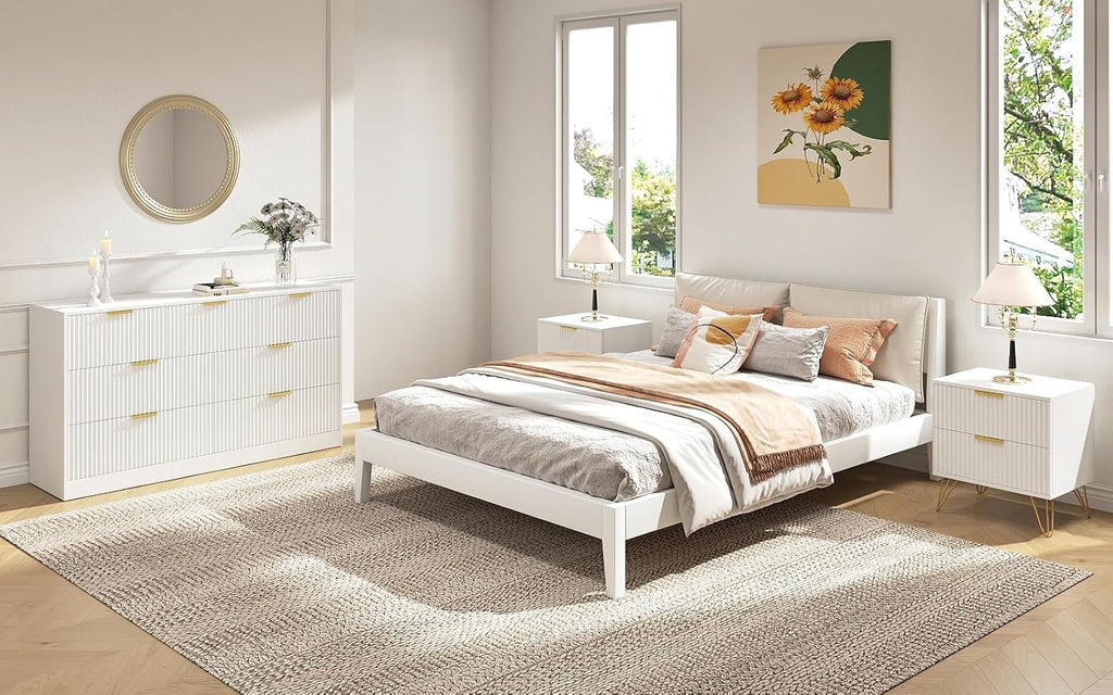 7 Drawer Dresser and Nightstand Sets, 3 Pcs Bedroom Set for Bedroom, Fluted Night Stand Set of 2 & 55' Wide Dresser w/Gold Handles, Modern Wood Chest of Drawers Storage Cabinet Set, White