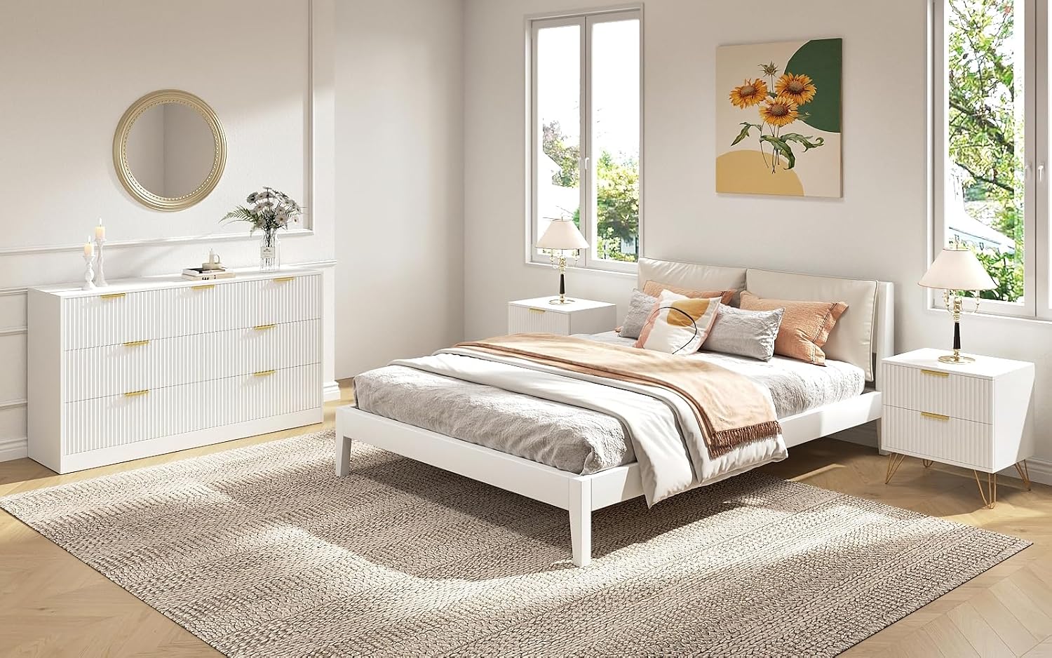 7 Drawer Dresser and Nightstand Sets, 3 Pcs Bedroom Set for Bedroom, Fluted Night Stand Set of 2 & 55' Wide Dresser w/Gold Handles, Modern Wood Chest of Drawers Storage Cabinet Set, White