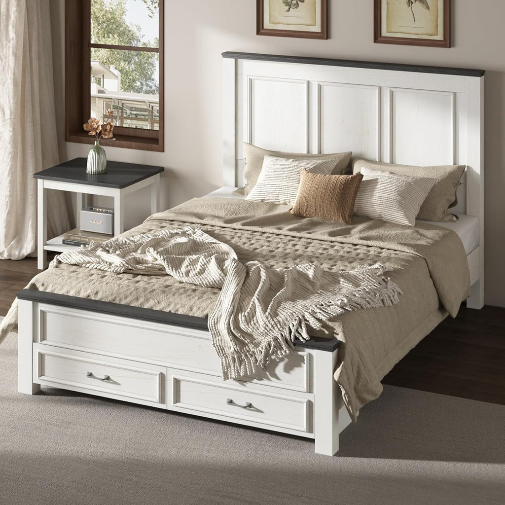 AMERLIFE 52.2' Queen Size Farmhouse Bed Frame with Tall Panel Headboard, Storage Bed Frame with Spacious Drawers, No Box Spring Needed, Platform Bed Frame for Bedroom, Rustic White