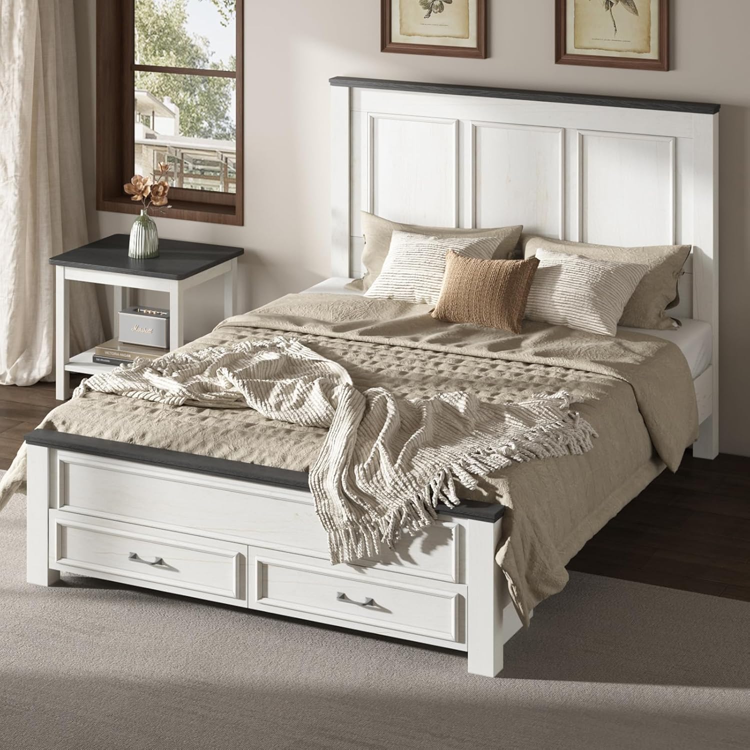 AMERLIFE 52.2' Queen Size Farmhouse Bed Frame with Tall Panel Headboard, Storage Bed Frame with Spacious Drawers, No Box Spring Needed, Platform Bed Frame for Bedroom, Rustic White