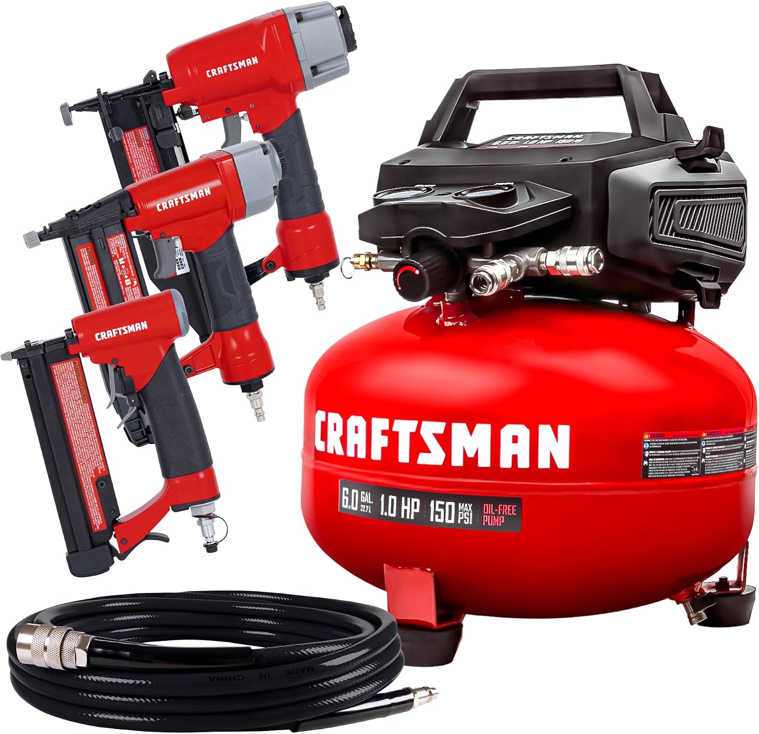 Craftsman 6-Gallon Pancake Air Compressor, 150 PSI, Oil-Free, w/ 16GA Finish, 18GA Brad & 23GA Pin Nailers, 25-Ft Hose