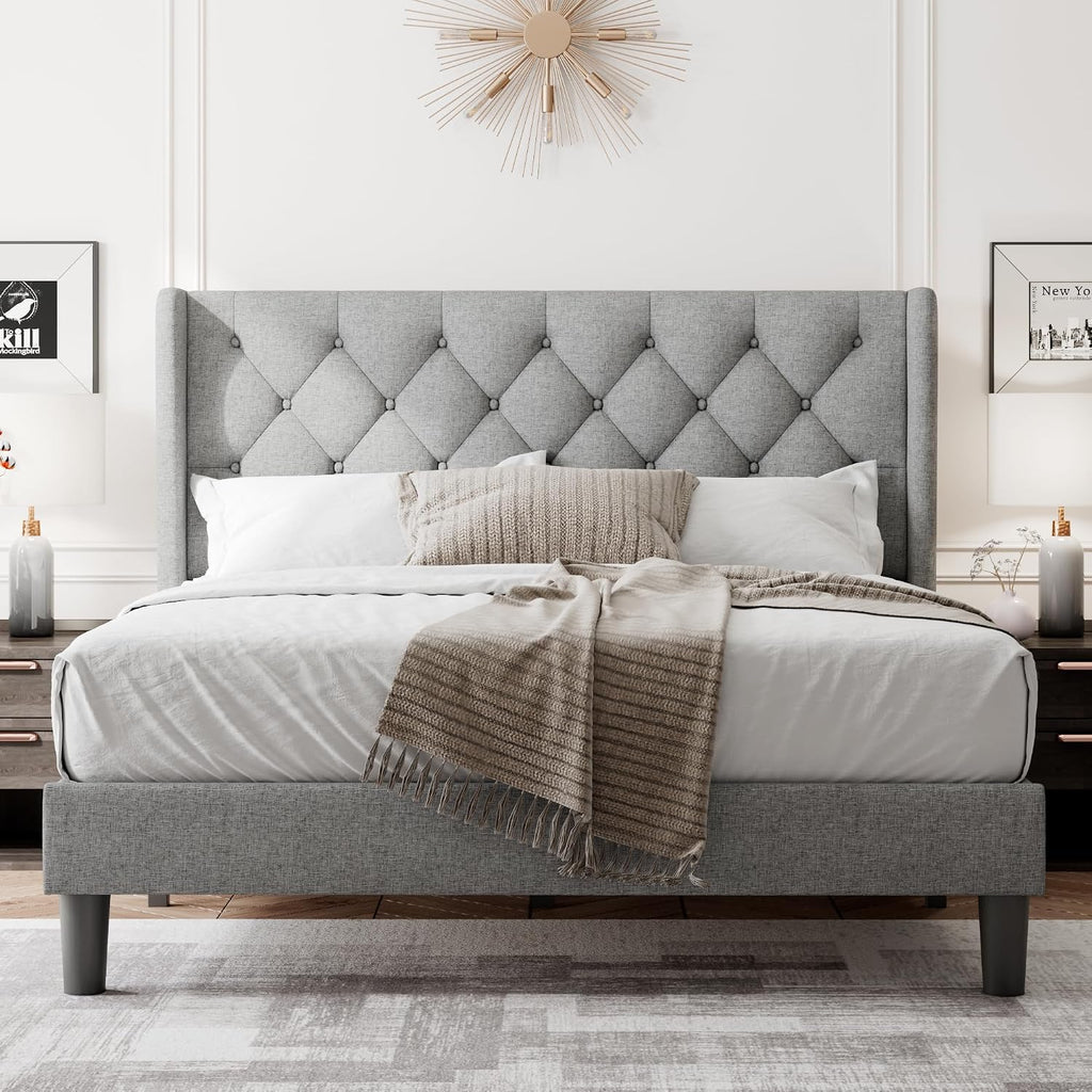 Feonase Queen Bed Frame with Upholstered Wingback Headboard, Platform Bed and Heavy Duty Wooden Slats Support, Easy Assembly, Noise-Free, No Box Spring Needed, Light Gray