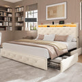 LARMACE Queen Size Bed Frame with 4 Storage Drawers and Charging Station, Velvet Upholstered Platform Bed Frame with LED Headboard, Noise Free, Easy Assembly, Beige