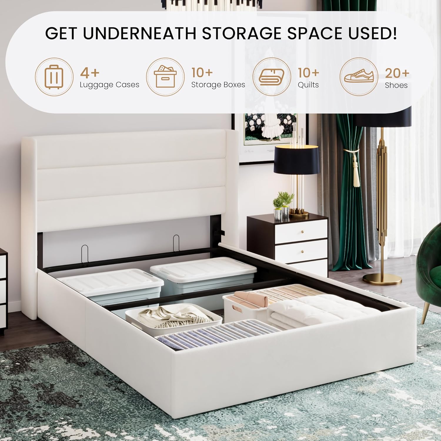 SHA CERLIN Full Size Lift Up Storage Bed/Velvet Upholstered/Modern Wingback Headboard/Upholstered Platform Bed Frame/Hydraulic Storage/No Box Spring Needed/White