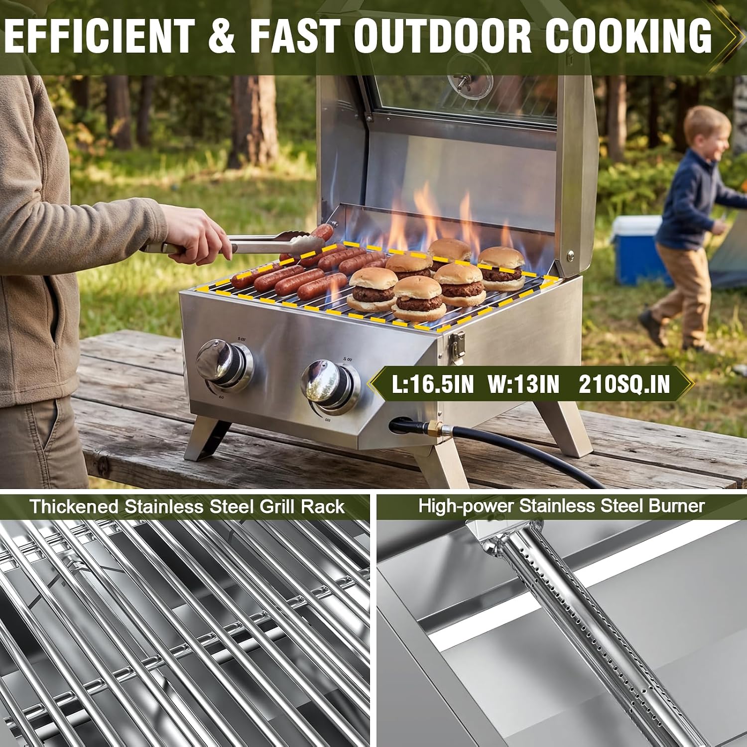 Bestfire 2-Burner Tabletop Gas Grill with Viewing Glass Lid, 20,000 BTU Stainless Steel Portable Propane BBQ Grill, Built-in Thermometer & Push-Button Ignition, for Outdoor Camping, RV, Tailgating