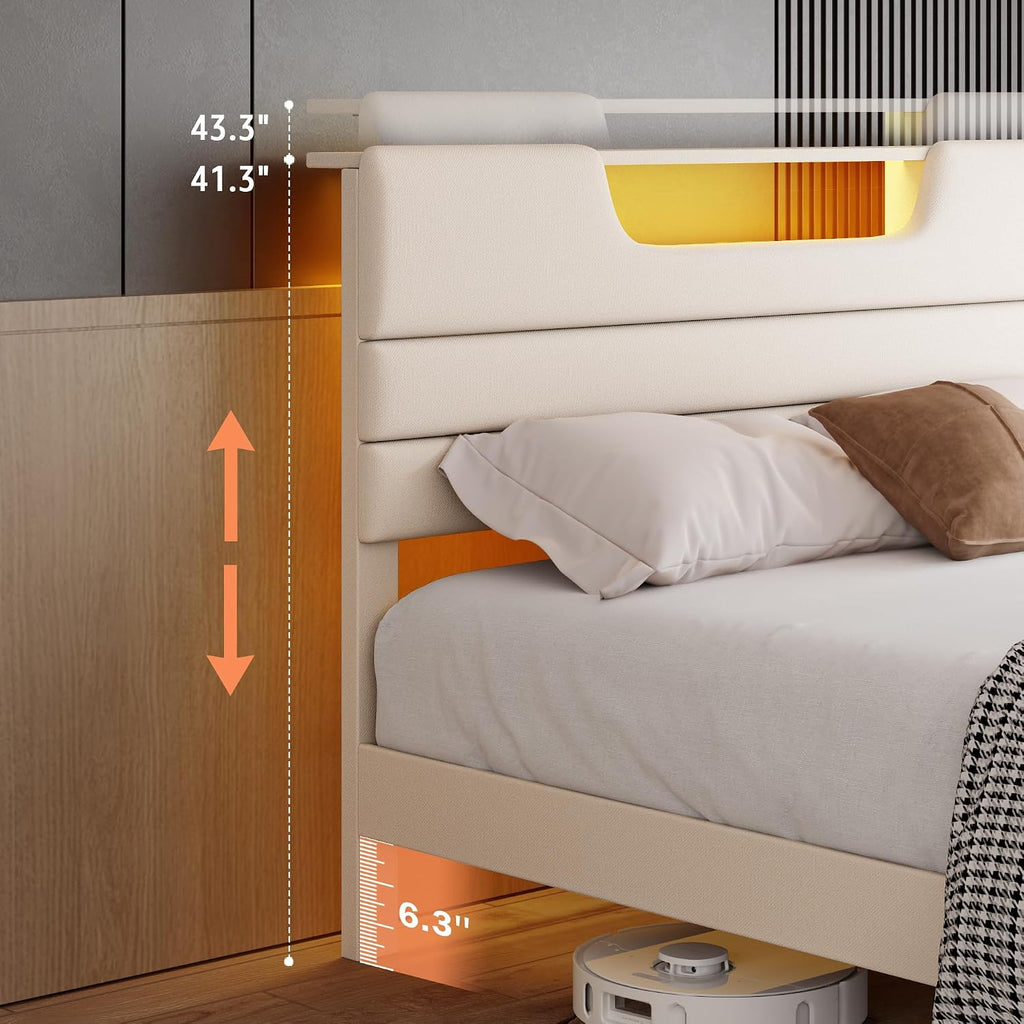 OURPIC Queen Size Bed Frames with Upholstered Headboard, Modern Platform Bed with Charging Station and Led Lights, Bed Frame with Sturdy Wooden Slats/No Box Spring Needed/2-Tier Storage, Beige