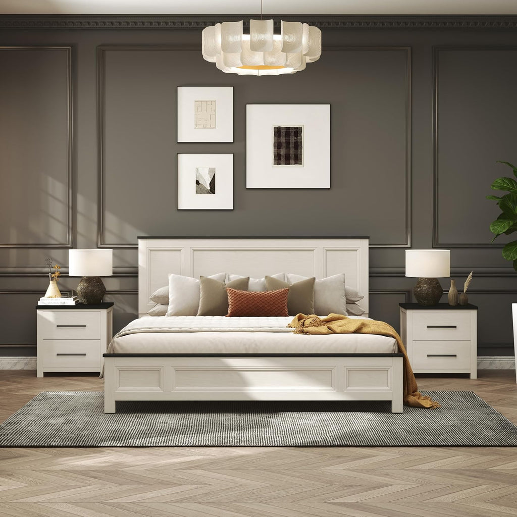 Roundhill Furniture Realynn 5-Piece Wood Bedroom Set, King Size Panel Bed with Dresser, Mirror, and 2 Nightstands, Off-White Finish