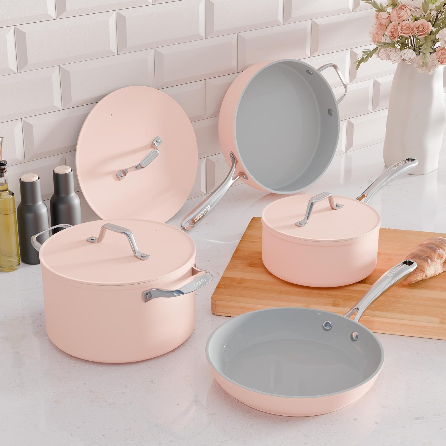 CIARRA Non Stick Cookware Set, Ceramic Pots and Pans Set with Lid, Non Toxic Cooking Set, PTFE & PFOA Free, Oven Safe & Compatible with All Stovetops, Pink