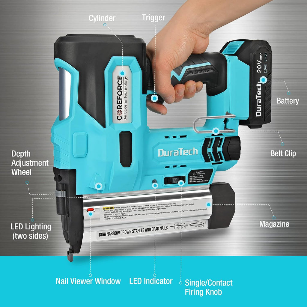 DURATECH 2 IN 1 Cordless Brad Nailer, Battery Powered 18 GA Nail/Staple Gun+20V 2.0Ah Li-ion Battery Pack