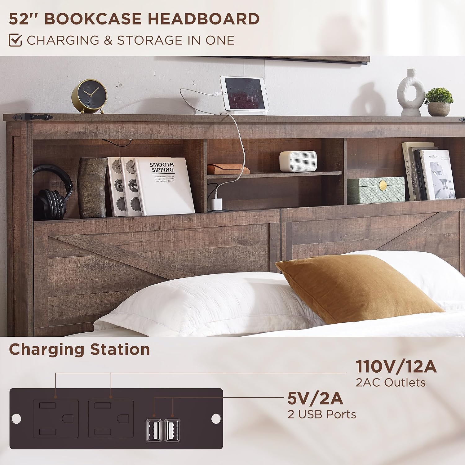ACCOHOHO Farmhouse King Size Bed Frame with 52' High Storage Bookcase Headboard and 4 Drawers,Wooden Bed Frame with LED Light and Charging Station,Light Brown