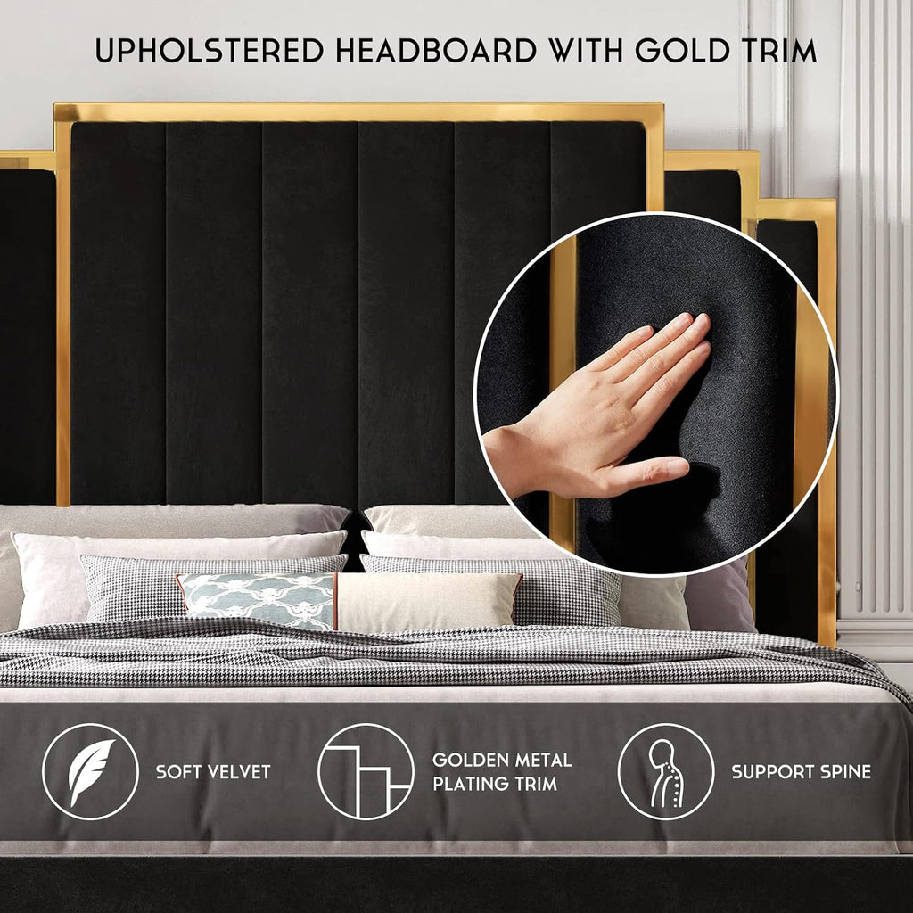 HOWE King Size Bed Frame and 65' Headboard, Upholstered Bed with Golden Plating Trim, Modern Platform Bed No Box Spring Needed, Black