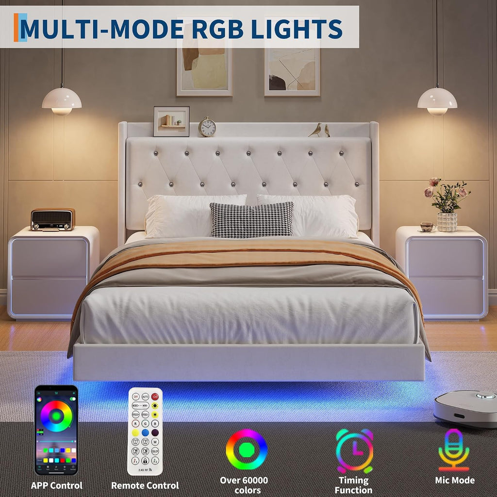 IDEALHOUSE Queen Size Bed Frame with LED Lights, Floating Platform Bed with Velvet Upholstered Storage Headboard, No Box Spring Needed, Noise Free, Easy Assembly